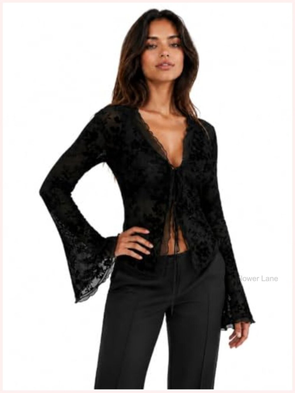 Sexy Lace Blouse Bell Sleeve Button Up Deep V Neck Mesh Sheer Top